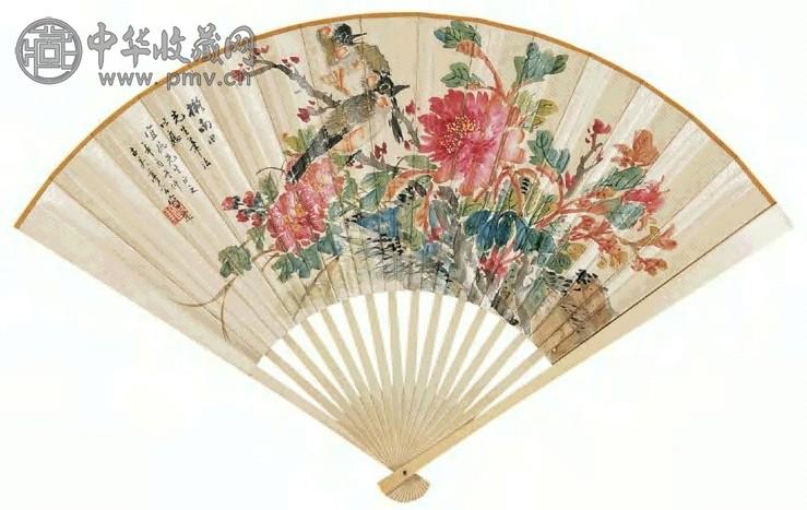 1921年 李洋 牡丹双雀图并行书 成扇 设色纸本