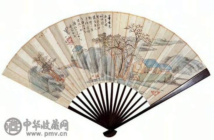 郭福衡 山居图 行书 扇面 设色笺本