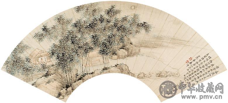 袁沛 竹阁唫秋图 扇面 设色纸本
