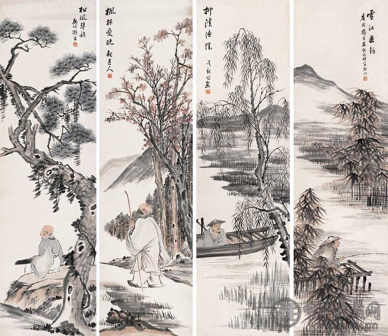 吴观岱 1910年作 四时风景 四屏 设色纸本