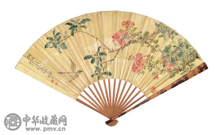 刘德六 金尔珍等 秋卉飞禽图 成扇 设色洒金笺