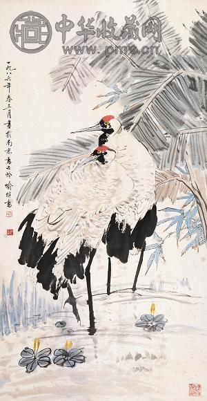 俞继高 1986年作 双鹤图 立轴 设色纸本