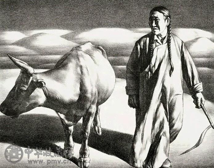 苏新平 1988年作 赶牛的妇女 石版