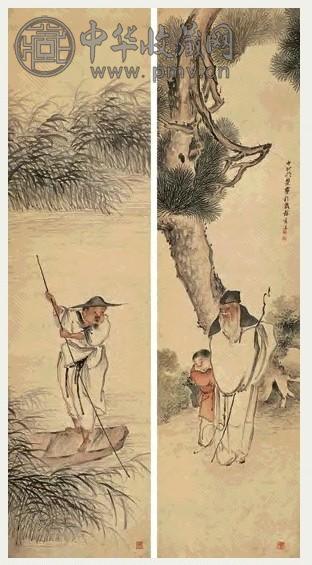 胡荣 人物 四屏 选二 设色纸本