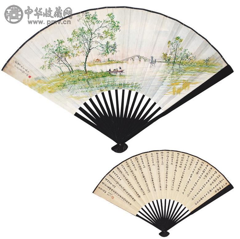 颜文樑 承名世 夕阳归舟图 书法 成扇