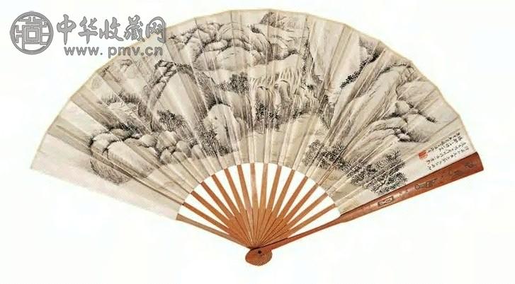 汪洛年 柯劭忞 庚申(1920年)作 遥岑烟霭图 行书 成扇 水墨笺本