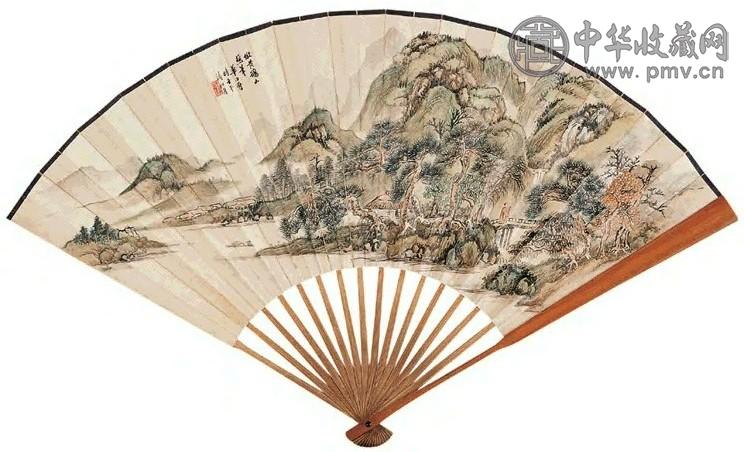 华日曾 壬午(1942年)作 秋山策杖 成扇 设色纸本