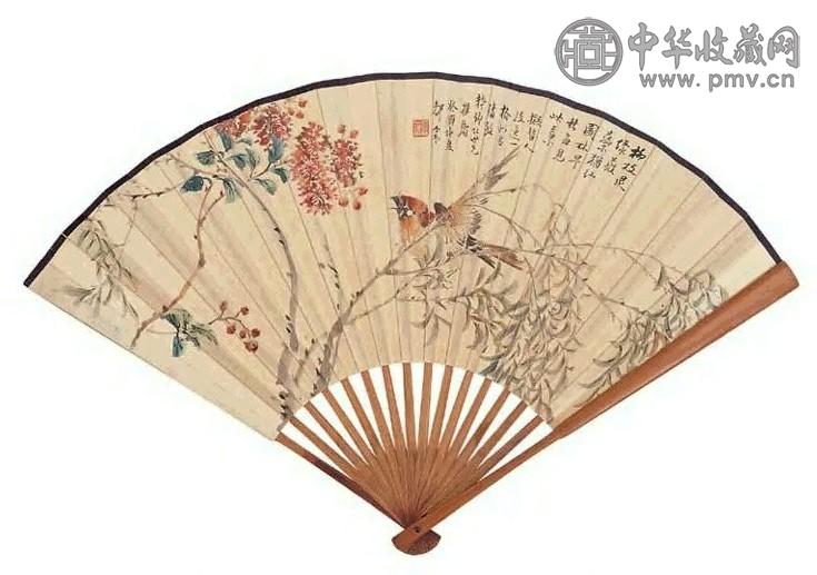 都俞 花鸟 扇面 设色纸本