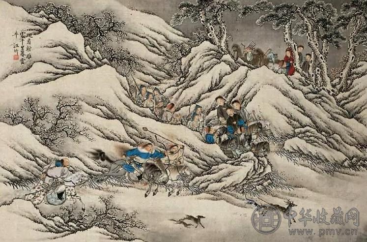 汪圻 清 游猎图 立轴 设色绢本