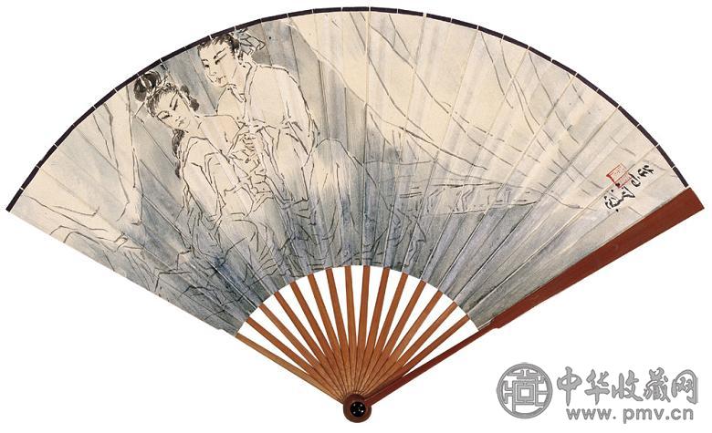 杨善深 人物并草书 成扇 设色纸本