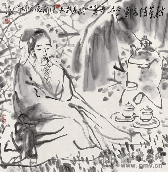 吴山明 2000年作 新茶待客 镜心 水墨纸本