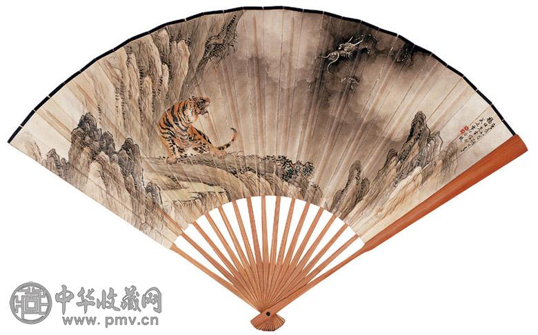 房毅 叶尔恺 1940年作 龙虎斗 行草 成扇 设色纸本
