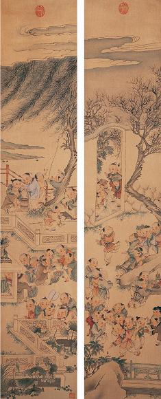 百子图 立轴四屏 设色绢本