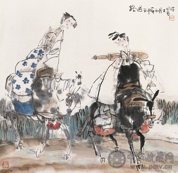 施大畏 1992年作 路遇图 立轴 设色纸本