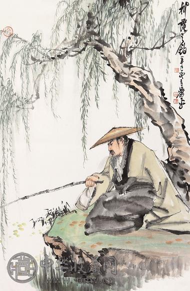 萧平 2001年作 柳荫之钓 镜心 设色纸本