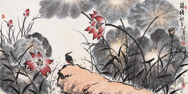 吴休 当代 荷塘秋色 镜心 设色纸本