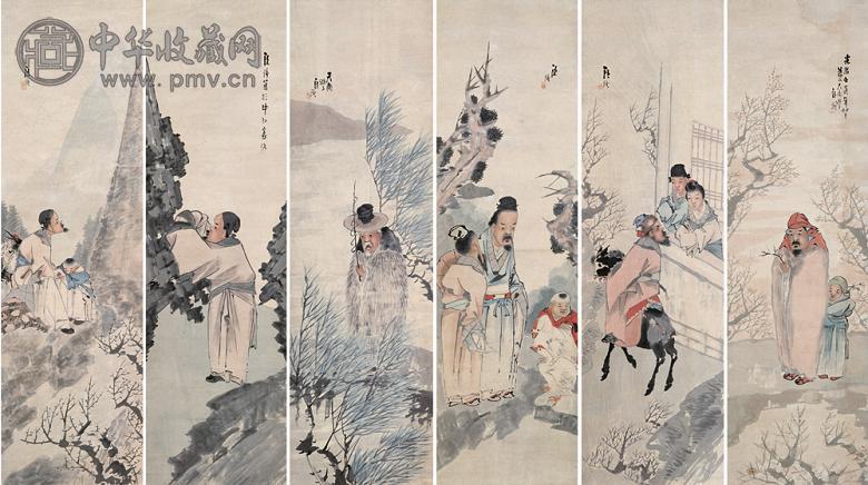 汪谦 光绪壬寅(1902年)作 人物故事 条屏 设色纸本