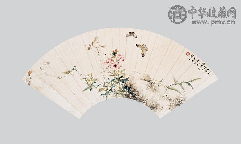 颜伯龙 朱益藩 花蝶 书法 扇面 纸本