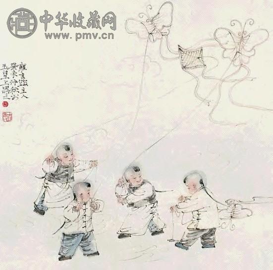 何士扬 群童戏筝 镜心 设色纸本