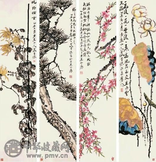武曾保 花卉 四屏 设色纸本