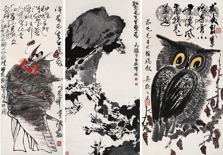 赵贵德 老庄 吴欢 戊辰(1988年)作 丁卯(1989年)? 钟馗 松鹰 猫头鹰 立轴 设色纸本