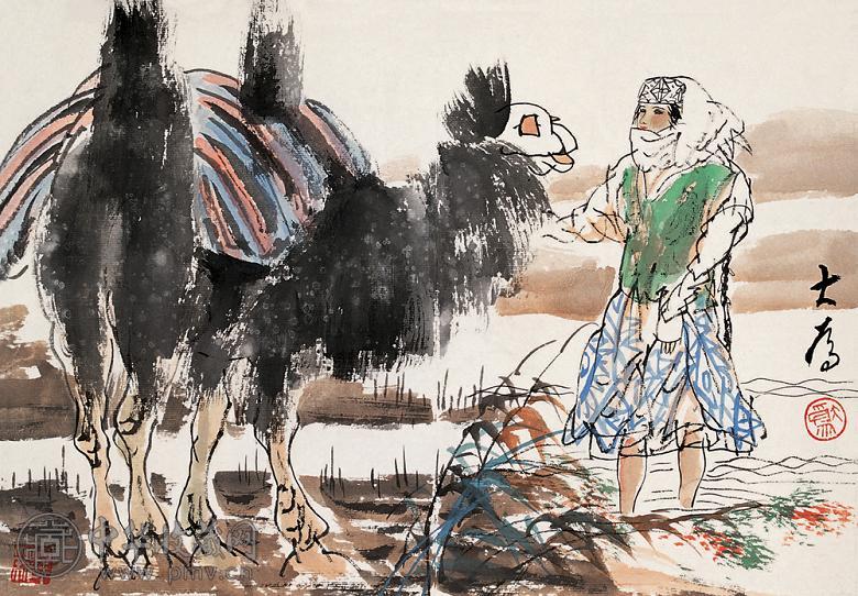 刘大为 春郊牧驼 立轴 设色纸本