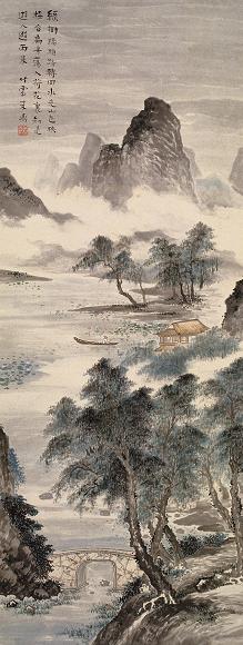 朱鼎 楼台荷花 立轴 设色纸本