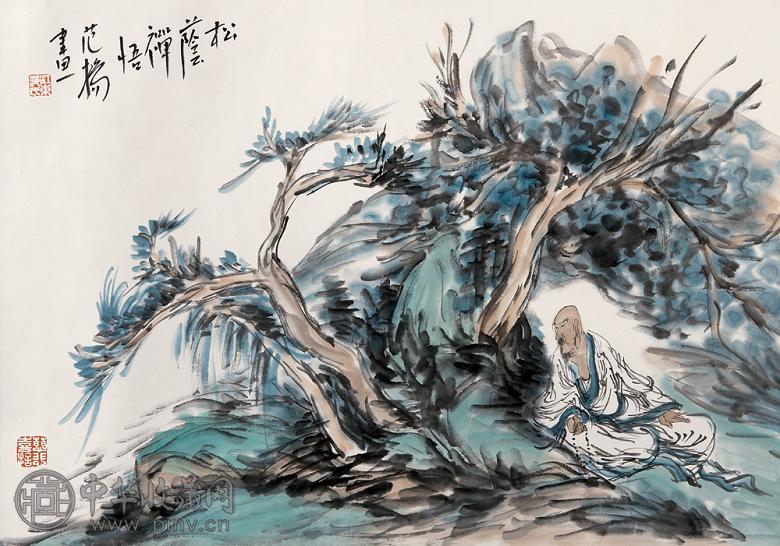 范扬 松荫禅悟图 镜心 设色纸本