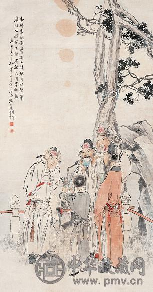 沈心海 辛酉(1921年)作 桃园夜宴 立轴 设色纸本