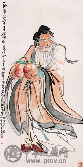 王震 1926年作 献寿图 立轴 设色纸本