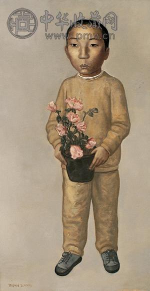 段建伟 2000年作 盆花·少年 布面 油画