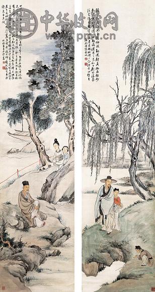 金城 人物故事(2件) 立轴 设色绢本