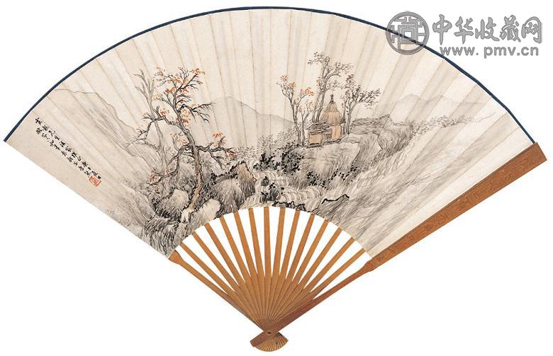 唐熊 秋林临泉 成扇 设色纸本