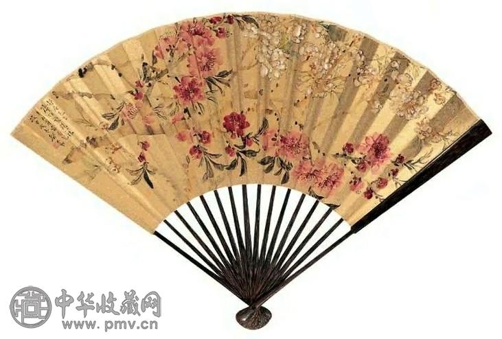 都俞 繁花图 铁线篆 扇面 十六档 设色金笺