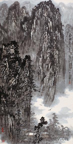 苗重安 绝岩古寺图 片 设色纸本