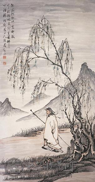 吴观岱 江边行吟 立轴 设色纸本