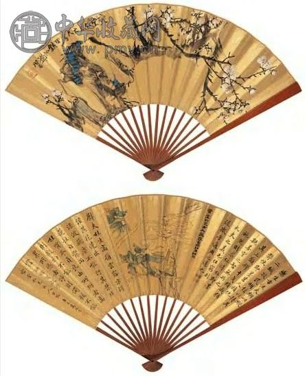 邓启昌 寒梅图 牡丹图 楷书 扇面 十六档 设色金笺