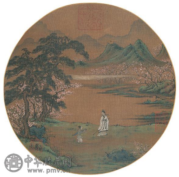 陈珏(款) 携琴访友图 圆光 绢本