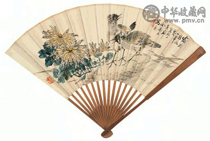 金梦石 1925年作 花鸟(背面刘未林行书) 成扇 设色纸本