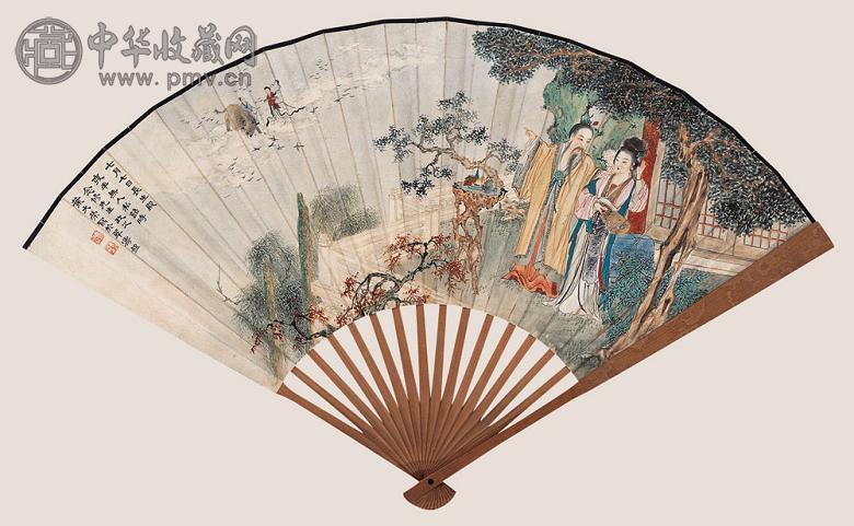 叶大荣 七夕相会图 成扇 设色纸本