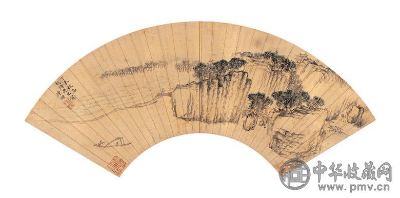 陈祼 丁未(1607年)作 秋江泛舟图 扇面 设色金笺