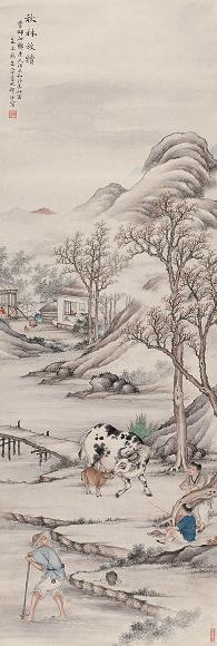 朱鼎新 清 秋林放犊 立轴 设色纸本