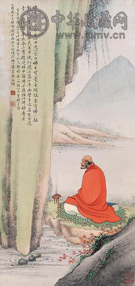 周祖荫 1945年作 达摩面壁 立轴 设色纸本