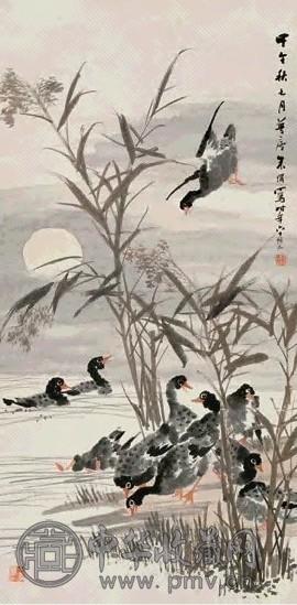 朱称 1897年作 月下卢雁图 立轴 设色纸本