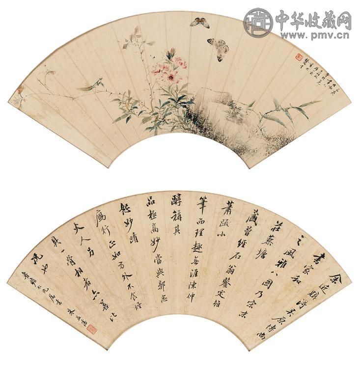 颜伯龙 朱益藩 乙亥(1935)年作 书画合璧 扇面 设色纸本