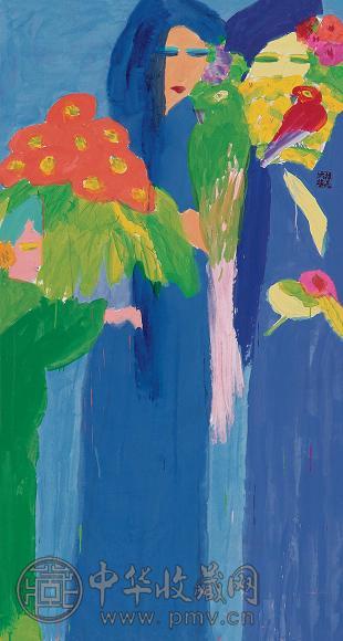 丁雄泉 2000年作 蓝色花鸟 彩墨丙烯宣纸