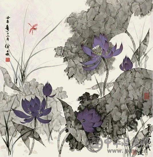 徐书城 2002年作 荷花蜻蜓 镜心 设色纸本