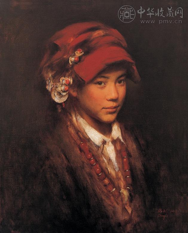 张利(首都) 2005年作 戴红头帕的藏女 油彩 布面