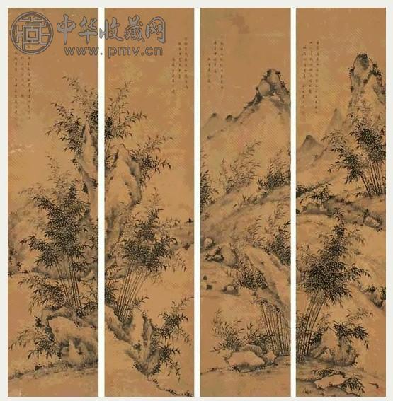 夏令仪 竹石图 四屏 水墨纸本