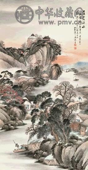 马汉三 落霞秋水 立轴 设色纸本